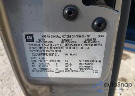 2005 Chevrolet Silverado 1500 Ls z USA, uszkodzony, nr VIN 2GCEC13T051291376